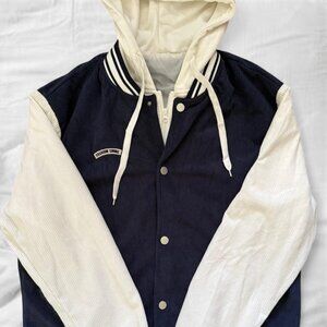 unisex navy and white faux two-piece hooded varsity jacket with corduroy sleeves